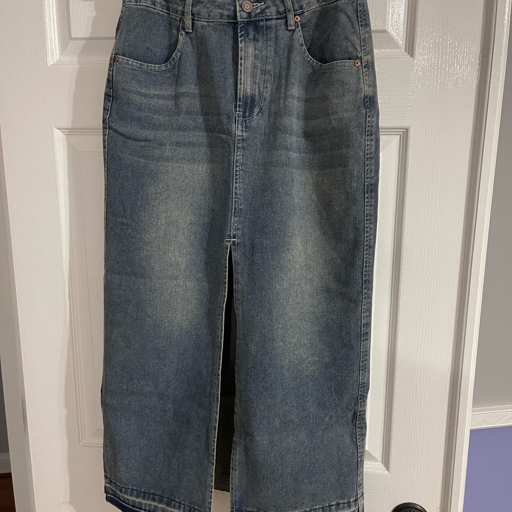 Blue Midi Skirt with Vintage Wash Front Slit